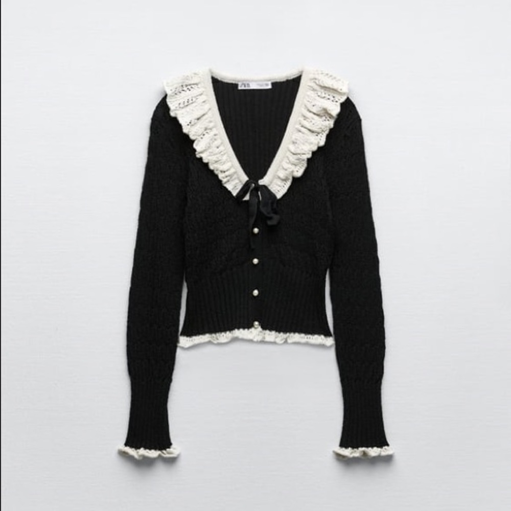Zara Cardigan / White Ruffle Collar / Bow Trim